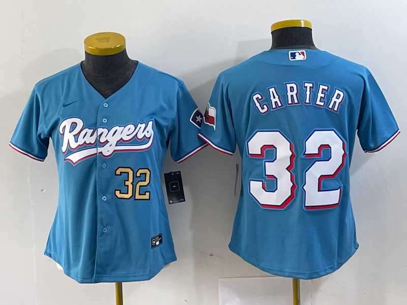 Womens Texas Rangers #32 Evan Carter Light Blue Team Logo Cool Base Jerseys